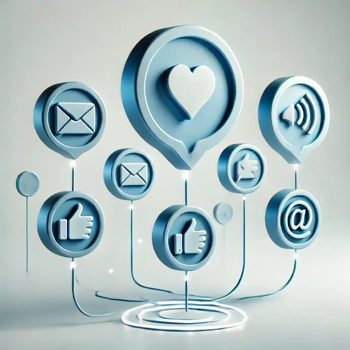 Icons für E-Mail, Likes und Herz in 3D-Optik als Symbol für Interaktion und Kommunikation.