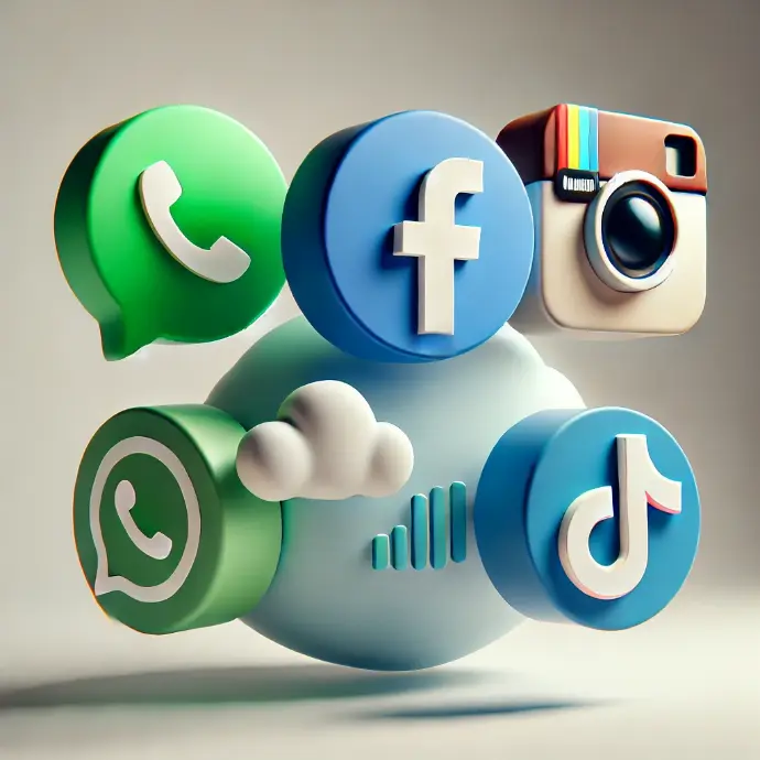 Social-Media-Symbole für Facebook, WhatsApp und Instagram in 3D-Optik, um digitale Vernetzung und Kommunikation darzustellen.